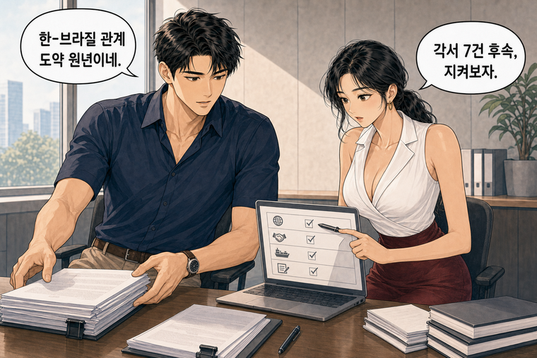 강태윤과 한서윤이 함께 등장하는 웹툰 8컷. 강태윤: 한-브라질 관계 도약 원년이네. 한서윤: 각서 7건 후속, 지켜보자.
