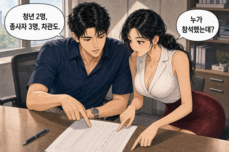 강태윤과 한서윤이 함께 등장하는 웹툰 4컷. 한서윤: 누가 참석했는데? 강태윤: 청년 2명, 종사자 3명, 차관도.