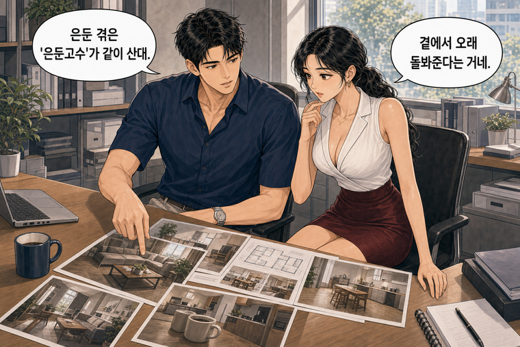 강태윤과 한서윤이 함께 등장하는 웹툰 5컷. 강태윤: 은둔 겪은 '은둔고수'가 같이 산대. 한서윤: 곁에서 오래 돌봐준다는 거네.