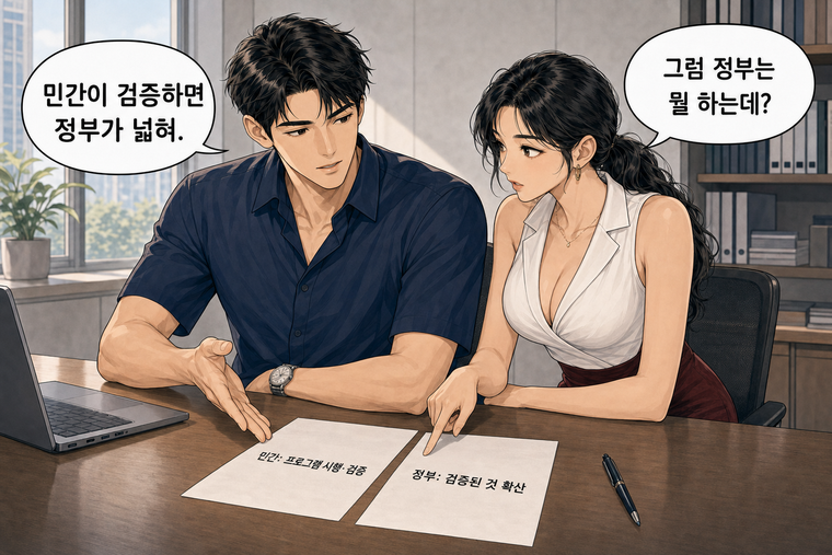 강태윤과 한서윤이 함께 등장하는 웹툰 6컷. 한서윤: 그럼 정부는 뭘 하는데? 강태윤: 민간이 검증하면 정부가 넓혀.