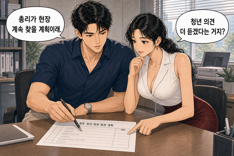 강태윤과 한서윤이 함께 등장하는 웹툰 7컷. 강태윤: 총리가 현장 계속 찾을 계획이래. 한서윤: 청년 의견 더 듣겠다는 거지?