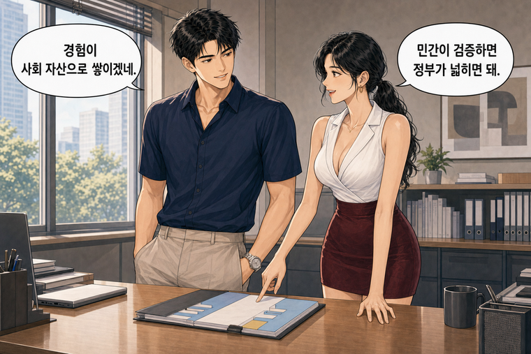 강태윤과 한서윤이 함께 등장하는 웹툰 8컷. 한서윤: 민간이 검증하면 정부가 넓히면 돼. 강태윤: 경험이 사회 자산으로 쌓이겠네.