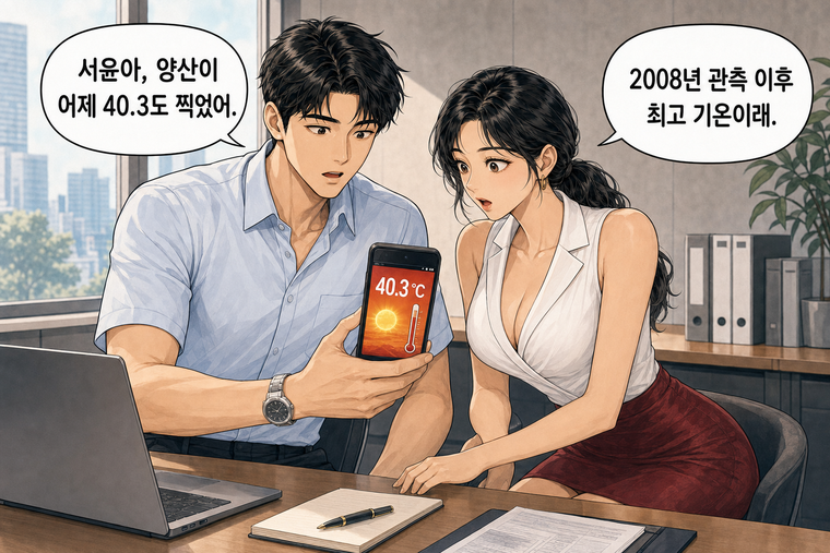 강태윤과 한서윤이 함께 등장하는 웹툰 1컷. 강태윤: 서윤아, 양산이 어제 40.3도 찍었어. 한서윤: 2008년 관측 이후 최고 기온이래.