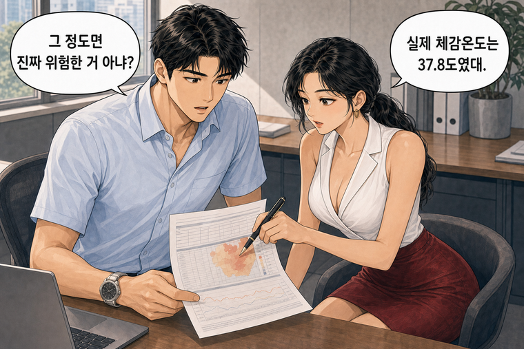 강태윤과 한서윤이 함께 등장하는 웹툰 2컷. 한서윤: 실제 체감온도는 37.8도였대. 강태윤: 그 정도면 진짜 위험한 거 아냐?
