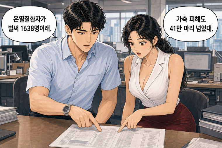 강태윤과 한서윤이 함께 등장하는 웹툰 3컷. 강태윤: 온열질환자가 벌써 1638명이래. 한서윤: 가축 피해도 41만 마리 넘었대.