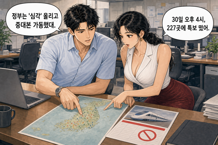 강태윤과 한서윤이 함께 등장하는 웹툰 4컷. 한서윤: 30일 오후 4시, 227곳에 특보 떴어. 강태윤: 정부는 '심각' 올리고 중대본 가동했대.