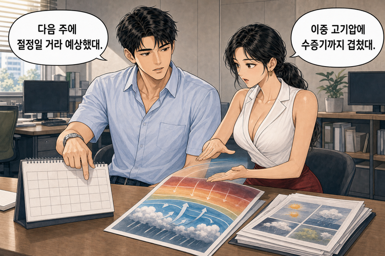 강태윤과 한서윤이 함께 등장하는 웹툰 5컷. 한서윤: 이중 고기압에 수증기까지 겹쳤대. 강태윤: 다음 주에 절정일 거라 예상했대.