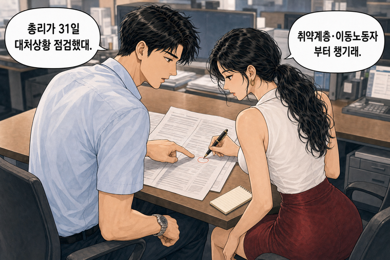 강태윤과 한서윤이 함께 등장하는 웹툰 6컷. 강태윤: 총리가 31일 대처상황 점검했대. 한서윤: 취약계층·이동노동자부터 챙기래.