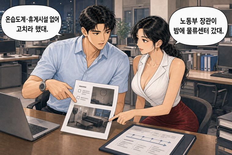 강태윤과 한서윤이 함께 등장하는 웹툰 7컷. 한서윤: 노동부 장관이 밤에 물류센터 갔대. 강태윤: 온습도계·휴게시설 없어 고치라 했대.