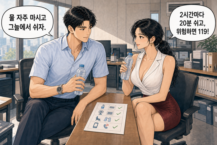 강태윤과 한서윤이 함께 등장하는 웹툰 8컷. 강태윤: 물 자주 마시고 그늘에서 쉬자. 한서윤: 2시간마다 20분 쉬고, 위험하면 119!