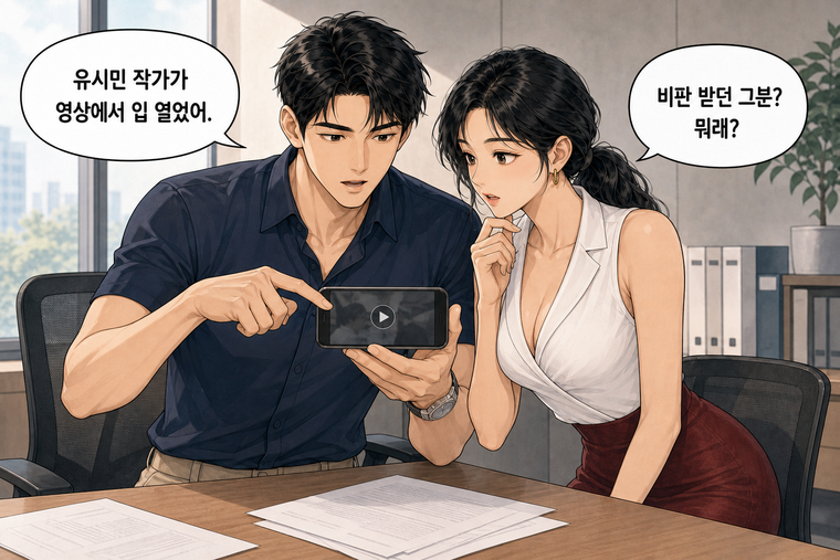 강태윤과 한서윤이 함께 등장하는 웹툰 1컷. 강태윤: 유시민 작가가 영상에서 입 열었어. 한서윤: 비판 받던 그분? 뭐래?