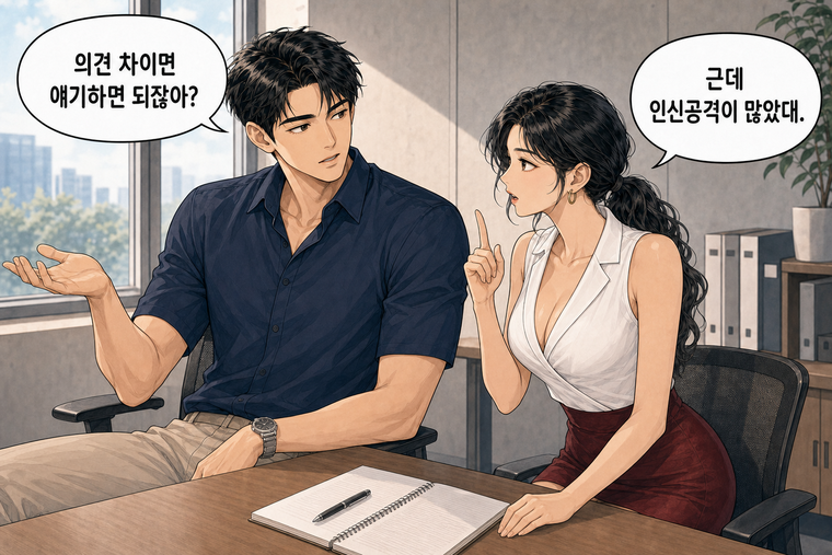 강태윤과 한서윤이 함께 등장하는 웹툰 2컷. 강태윤: 의견 차이면 얘기하면 되잖아? 한서윤: 근데 인신공격이 많았대.