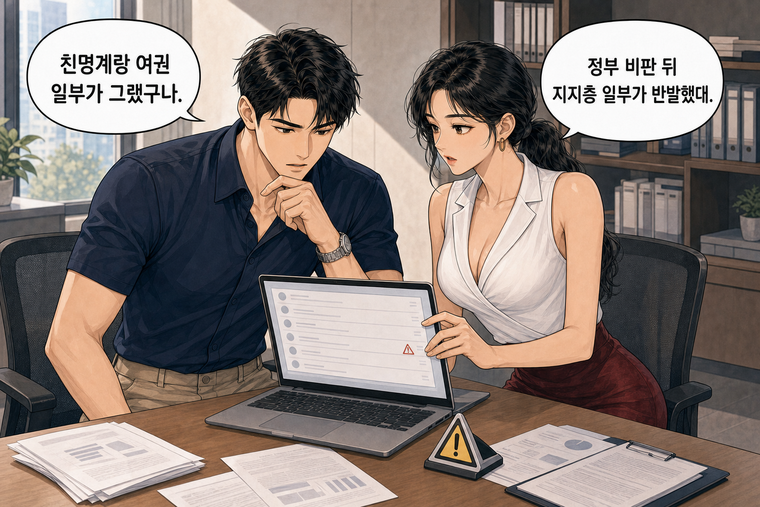 강태윤과 한서윤이 함께 등장하는 웹툰 3컷. 한서윤: 정부 비판 뒤 지지층 일부가 반발했대. 강태윤: 친명계랑 여권 일부가 그랬구나.