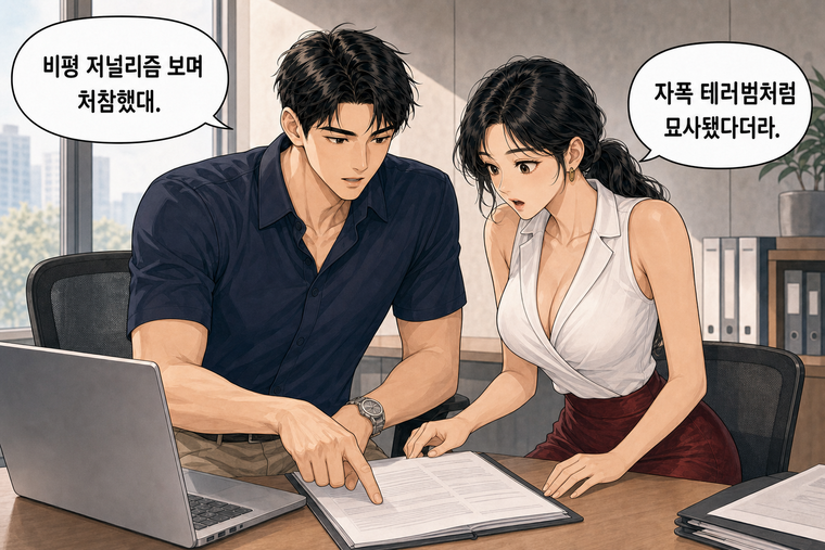 강태윤과 한서윤이 함께 등장하는 웹툰 4컷. 강태윤: 비평 저널리즘 보며 처참했대. 한서윤: 자폭 테러범처럼 묘사됐다더라.