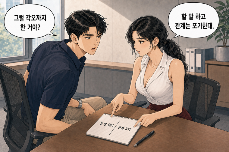 강태윤과 한서윤이 함께 등장하는 웹툰 6컷. 강태윤: 그럴 각오까지 한 거야? 한서윤: 할 말 하고 관계는 포기한대.