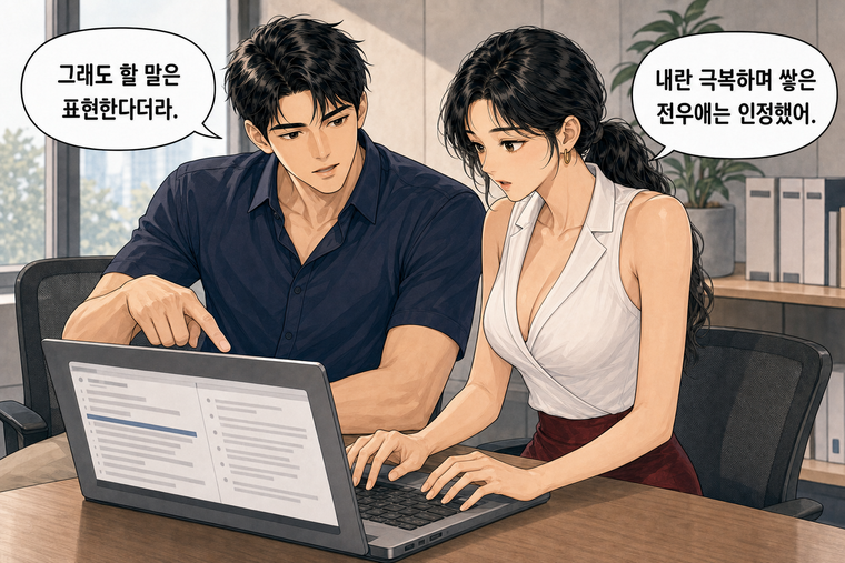 강태윤과 한서윤이 함께 등장하는 웹툰 7컷. 한서윤: 내란 극복하며 쌓은 전우애는 인정했어. 강태윤: 그래도 할 말은 표현한다더라.