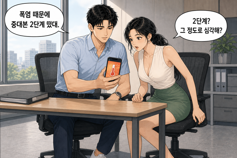 강태윤과 한서윤이 함께 등장하는 웹툰 1컷. 강태윤: 폭염 때문에 중대본 2단계 떴대. 한서윤: 2단계? 그 정도로 심각해?