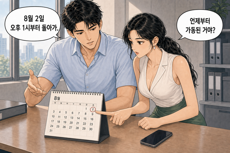강태윤과 한서윤이 함께 등장하는 웹툰 2컷. 한서윤: 언제부터 가동된 거야? 강태윤: 8월 2일 오후 1시부터 돌아가.