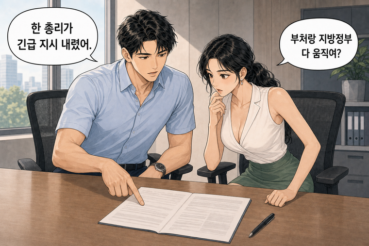강태윤과 한서윤이 함께 등장하는 웹툰 3컷. 강태윤: 한 총리가 긴급 지시 내렸어. 한서윤: 부처랑 지방정부 다 움직여?