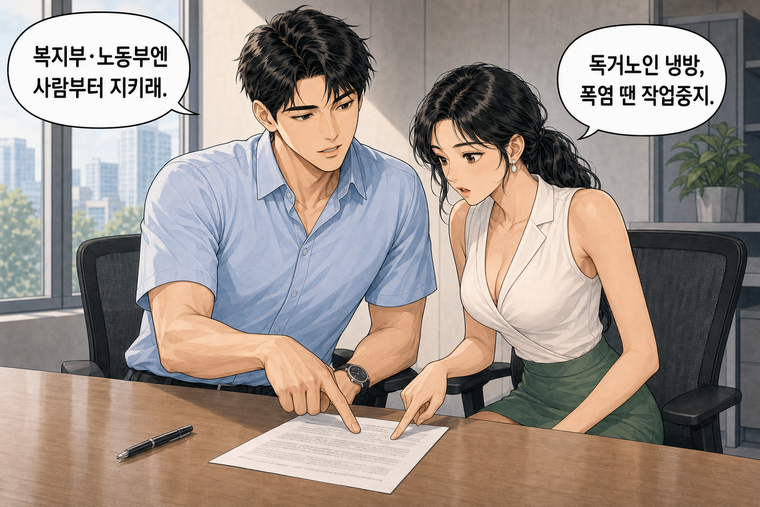 강태윤과 한서윤이 함께 등장하는 웹툰 4컷. 강태윤: 복지부·노동부엔 사람부터 지키래. 한서윤: 독거노인 냉방, 폭염 땐 작업중지.