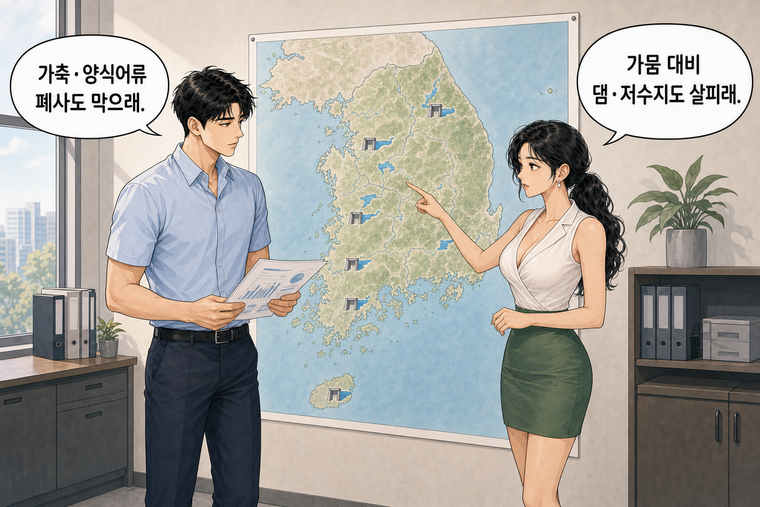 강태윤과 한서윤이 함께 등장하는 웹툰 5컷. 한서윤: 가뭄 대비 댐·저수지도 살피래. 강태윤: 가축·양식어류 폐사도 막으래.