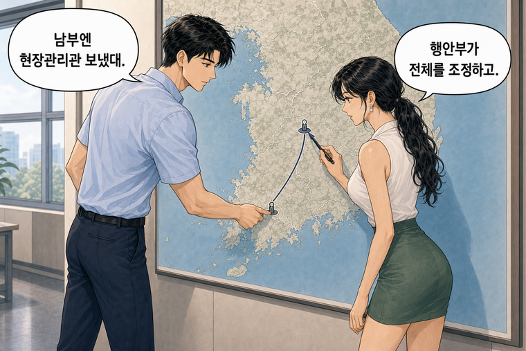 강태윤과 한서윤이 함께 등장하는 웹툰 6컷. 강태윤: 남부엔 현장관리관 보냈대. 한서윤: 행안부가 전체를 조정하고.
