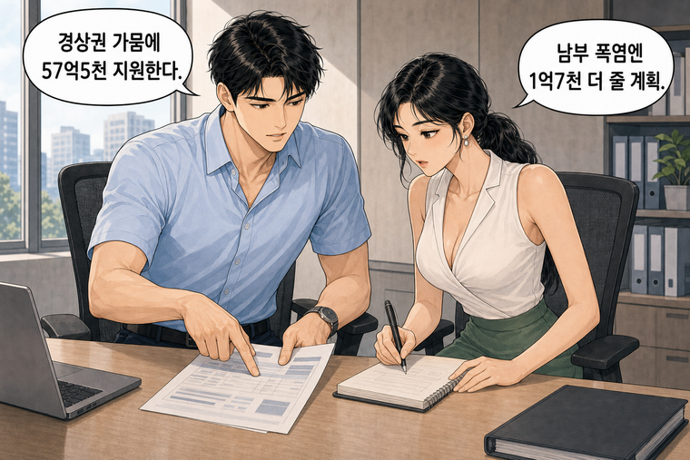 강태윤과 한서윤이 함께 등장하는 웹툰 7컷. 강태윤: 경상권 가뭄에 57억5천 지원한다. 한서윤: 남부 폭염엔 1억7천 더 줄 계획.