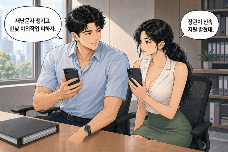 강태윤과 한서윤이 함께 등장하는 웹툰 8컷. 한서윤: 장관이 신속 지원 밝혔대. 강태윤: 재난문자 챙기고 한낮 야외작업 피하자.