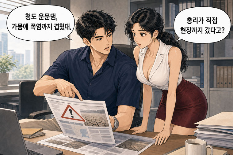 강태윤과 한서윤이 함께 등장하는 웹툰 1컷. 강태윤: 청도 운문댐, 가뭄에 폭염까지 겹쳤대. 한서윤: 총리가 직접 현장까지 갔다고?