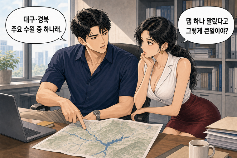 강태윤과 한서윤이 함께 등장하는 웹툰 2컷. 한서윤: 댐 하나 말랐다고 그렇게 큰일이야? 강태윤: 대구·경북 주요 수원 중 하나래.