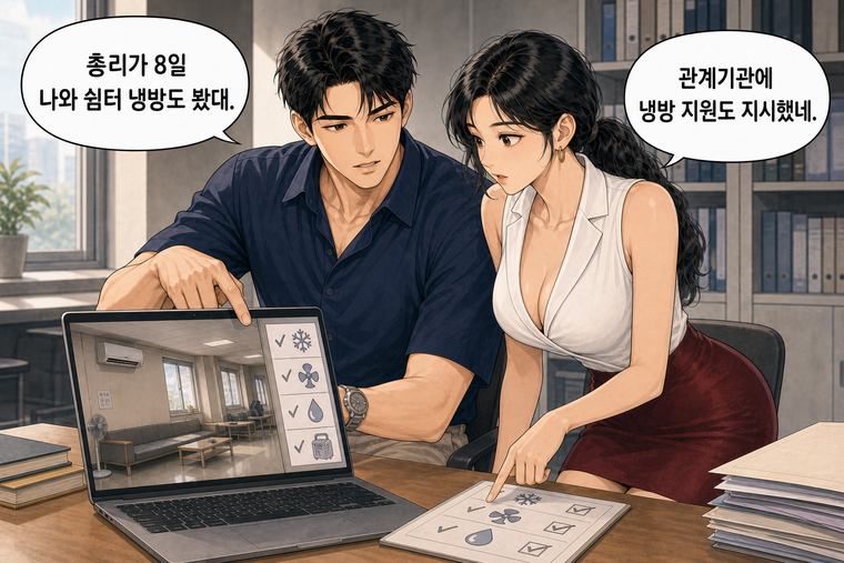 강태윤과 한서윤이 함께 등장하는 웹툰 3컷. 강태윤: 총리가 8일 나와 쉼터 냉방도 봤대. 한서윤: 관계기관에 냉방 지원도 지시했네.