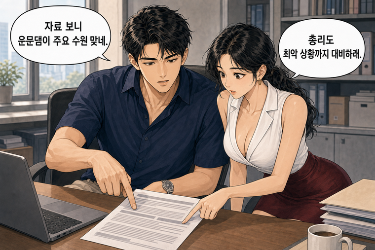 강태윤과 한서윤이 함께 등장하는 웹툰 4컷. 강태윤: 자료 보니 운문댐이 주요 수원 맞네. 한서윤: 총리도 최악 상황까지 대비하래.
