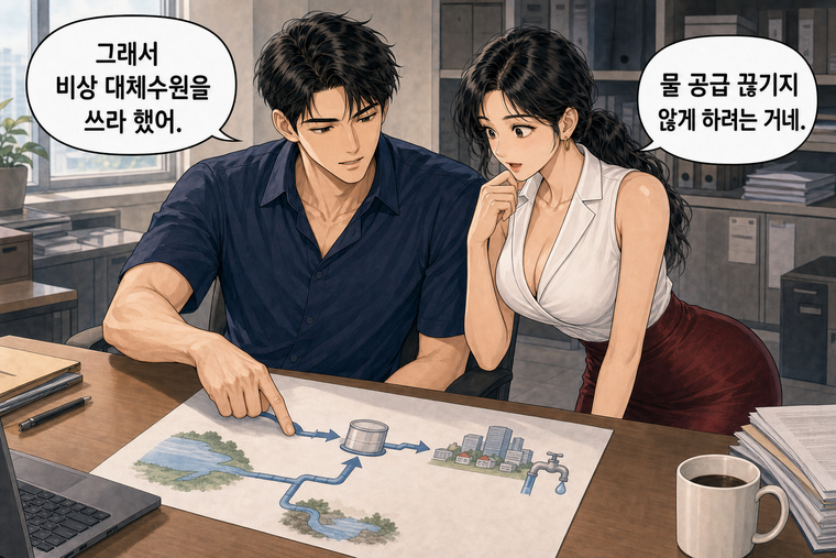 강태윤과 한서윤이 함께 등장하는 웹툰 5컷. 강태윤: 그래서 비상 대체수원을 쓰라 했어. 한서윤: 물 공급 끊기지 않게 하려는 거네.