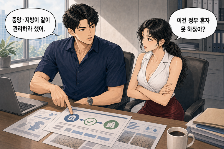 강태윤과 한서윤이 함께 등장하는 웹툰 6컷. 한서윤: 이건 정부 혼자 못 하잖아? 강태윤: 중앙·지방이 같이 관리하라 했어.