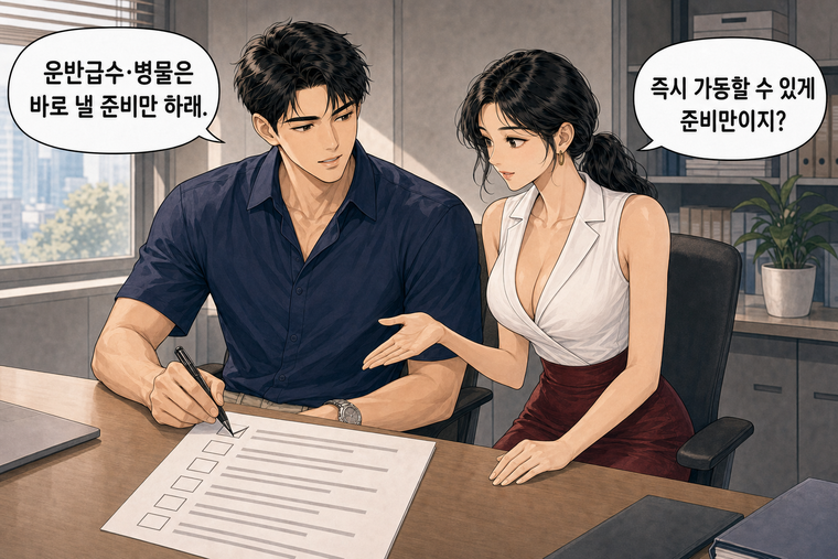 강태윤과 한서윤이 함께 등장하는 웹툰 7컷. 강태윤: 운반급수·병물은 바로 낼 준비만 하래. 한서윤: 즉시 가동할 수 있게 준비만이지?