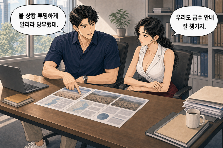 강태윤과 한서윤이 함께 등장하는 웹툰 8컷. 강태윤: 물 상황 투명하게 알리라 당부했대. 한서윤: 우리도 급수 안내 잘 챙기자.