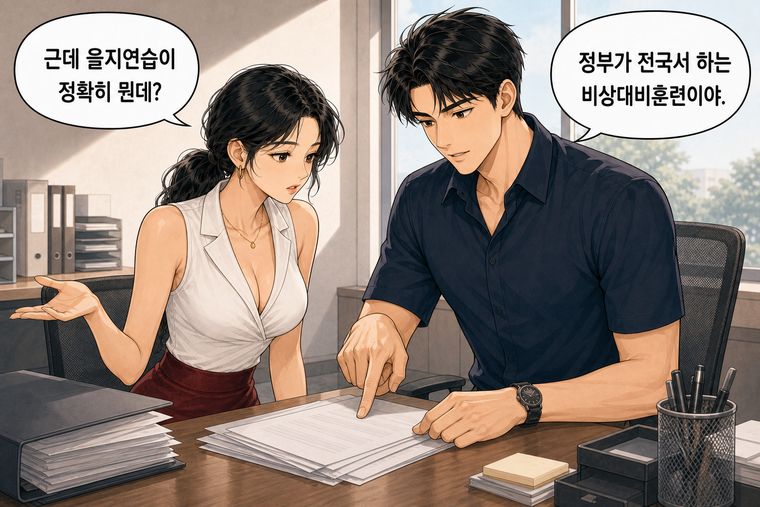 강태윤과 한서윤이 함께 등장하는 웹툰 2컷. 한서윤: 근데 을지연습이 정확히 뭔데? 강태윤: 정부가 전국서 하는 비상대비훈련이야.