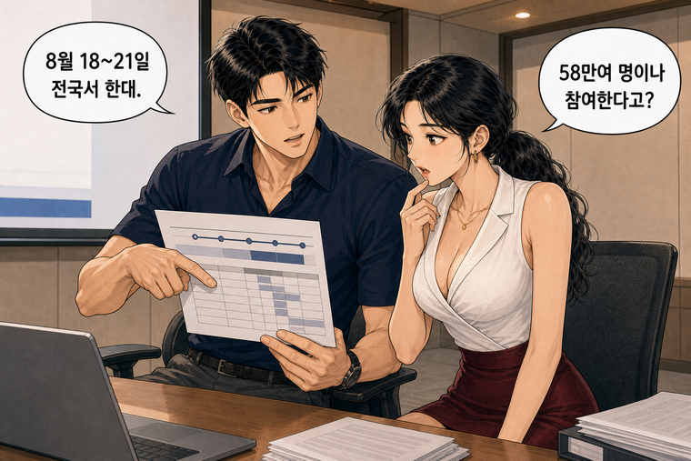 강태윤과 한서윤이 함께 등장하는 웹툰 3컷. 강태윤: 8월 18~21일 전국서 한대. 한서윤: 58만여 명이나 참여한다고?
