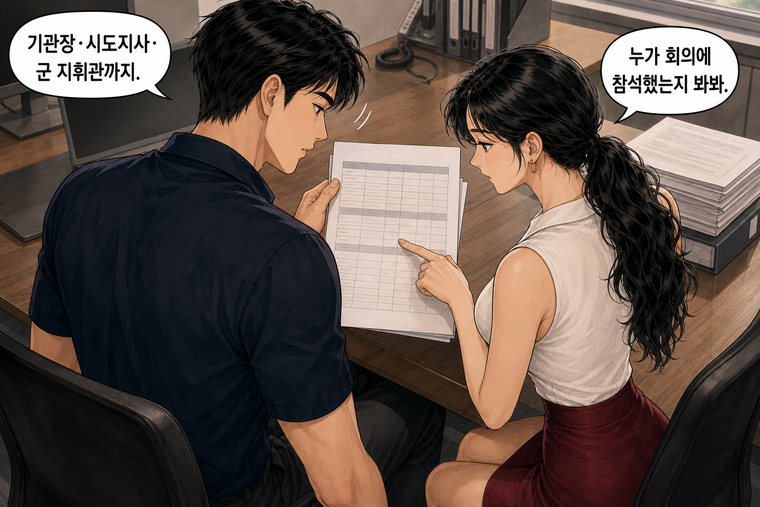 강태윤과 한서윤이 함께 등장하는 웹툰 4컷. 한서윤: 누가 회의에 참석했는지 봐봐. 강태윤: 기관장·시도지사·군 지휘관까지.