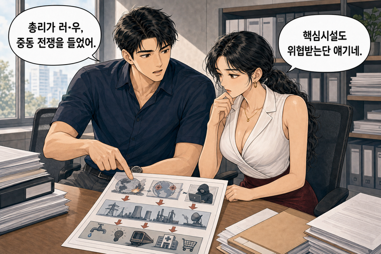 강태윤과 한서윤이 함께 등장하는 웹툰 5컷. 강태윤: 총리가 러·우, 중동 전쟁을 들었어. 한서윤: 핵심시설도 위협받는단 얘기네.