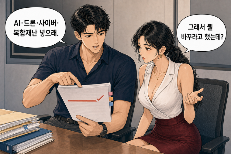 강태윤과 한서윤이 함께 등장하는 웹툰 6컷. 한서윤: 그래서 뭘 바꾸라고 했는데? 강태윤: AI·드론·사이버·복합재난 넣으래.