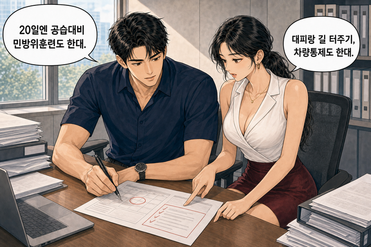 강태윤과 한서윤이 함께 등장하는 웹툰 7컷. 강태윤: 20일엔 공습대비 민방위훈련도 한대. 한서윤: 대피랑 길 터주기, 차량통제도 한대.