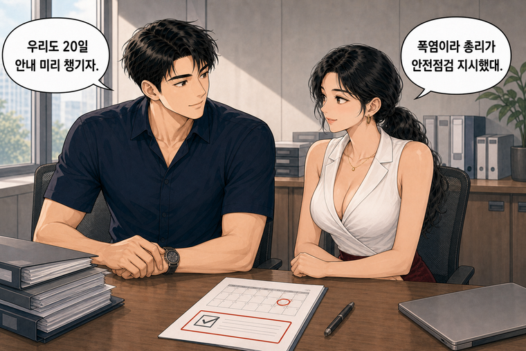 강태윤과 한서윤이 함께 등장하는 웹툰 8컷. 한서윤: 폭염이라 총리가 안전점검 지시했대. 강태윤: 우리도 20일 안내 미리 챙기자.