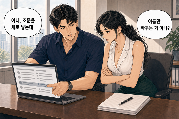 강태윤과 한서윤이 함께 등장하는 웹툰 2컷. 한서윤: 이름만 바꾸는 거 아냐? 강태윤: 아니, 조문을 새로 넣는대.