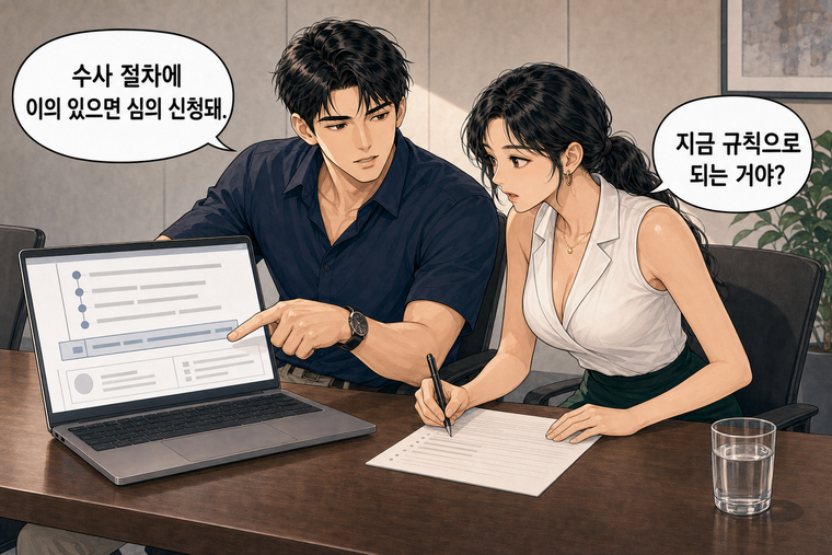 강태윤과 한서윤이 함께 등장하는 웹툰 3컷. 강태윤: 수사 절차에 이의 있으면 심의 신청돼. 한서윤: 지금 규칙으로 되는 거야?