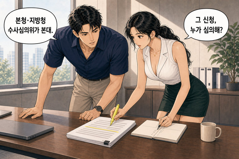 강태윤과 한서윤이 함께 등장하는 웹툰 4컷. 한서윤: 그 신청, 누가 심의해? 강태윤: 본청·지방청 수사심의위가 본대.
