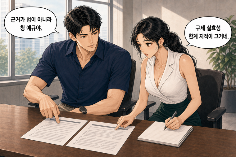 강태윤과 한서윤이 함께 등장하는 웹툰 5컷. 강태윤: 근거가 법이 아니라 청 예규야. 한서윤: 구제 실효성 한계 지적이 그거네.