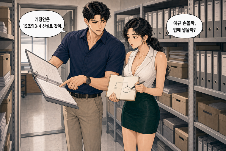 강태윤과 한서윤이 함께 등장하는 웹툰 6컷. 한서윤: 예규 손볼까, 법에 넣을까? 강태윤: 개정안은 15조의3·4 신설로 갔어.