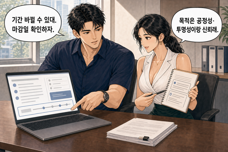 강태윤과 한서윤이 함께 등장하는 웹툰 8컷. 한서윤: 목적은 공정성·투명성이랑 신뢰래. 강태윤: 기간 바뀔 수 있대. 마감일 확인하자.