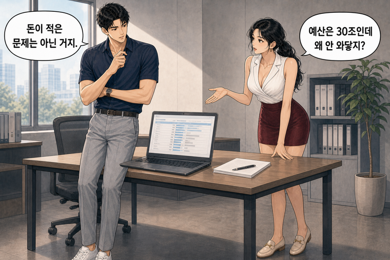 강태윤과 한서윤이 함께 등장하는 웹툰 2컷. 한서윤: 예산은 30조인데 왜 안 와닿지? 강태윤: 돈이 적은 문제는 아닌 거지.